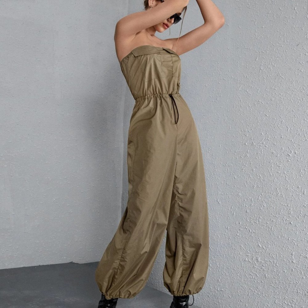 Army Green Boho Womens Drawstring Waist Tube Parachute Jumpsuit - Picture 3 of 5